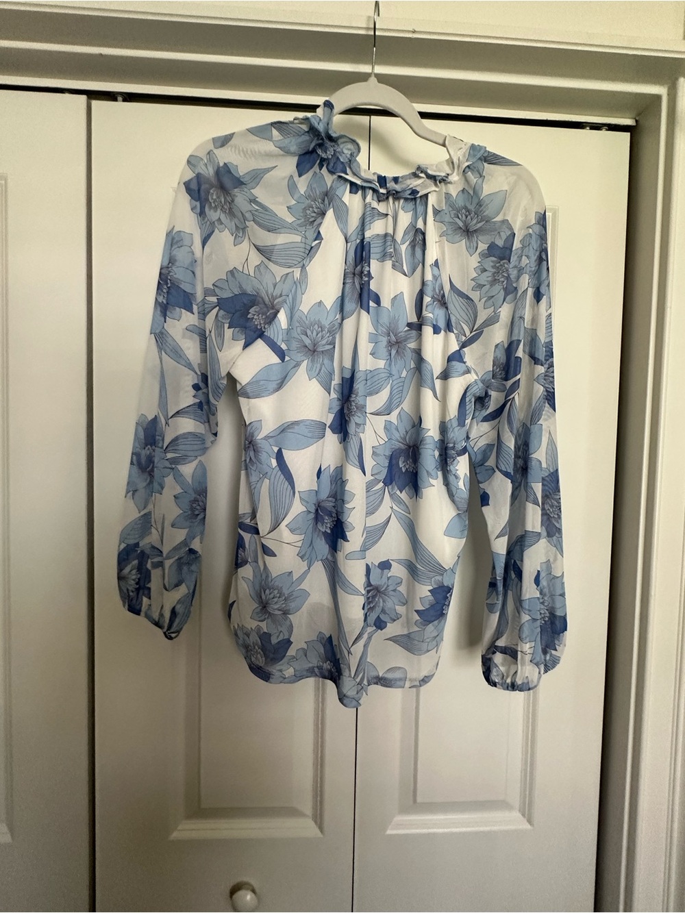 Harper White Blouse with Light Blue Floral Tie-Neck